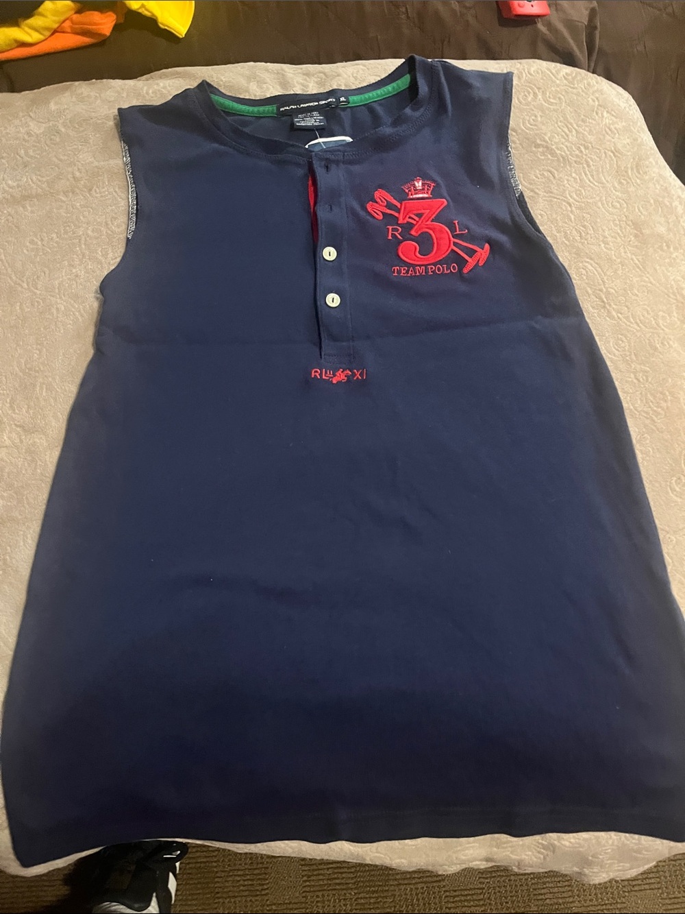 Ralph Lauren Navy Sleeveless Henley Tank with Red Team Polo Crest